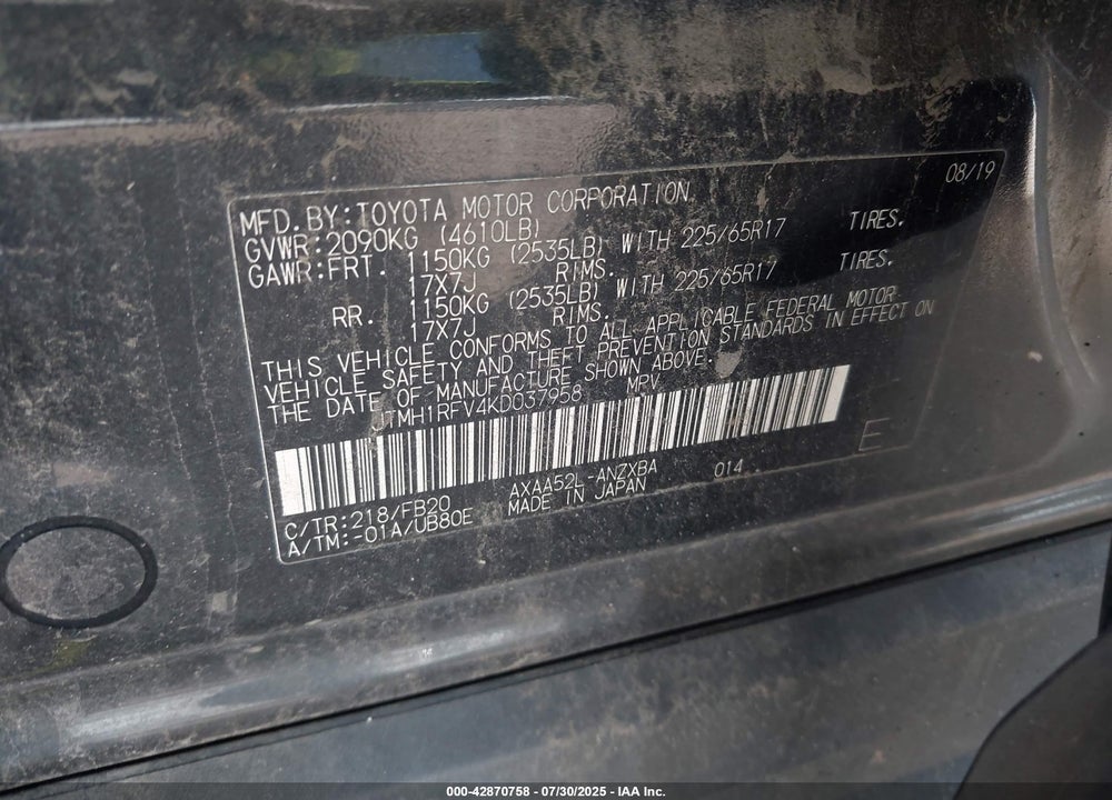 2019 TOYOTA RAV4 VIN: JTMH1RFV4KD037958