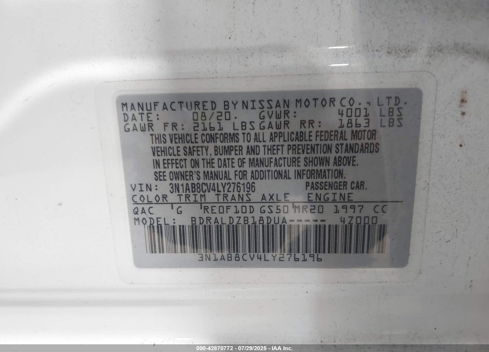 2020 NISSAN SENTRA VIN: 3N1AB8CV4LY276196