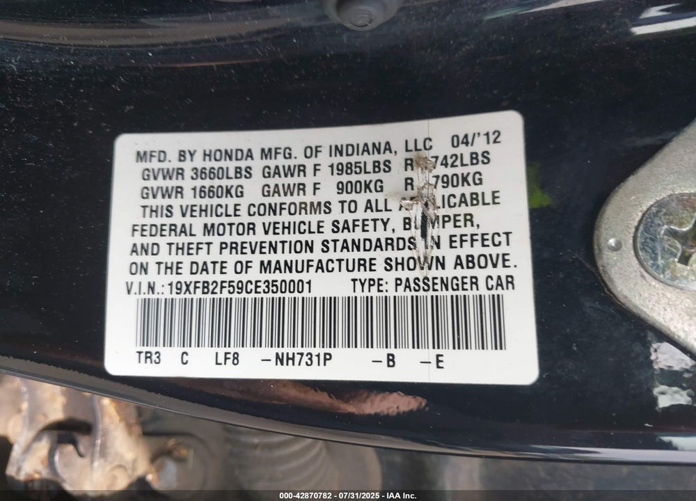 2012 HONDA CIVIC LX VIN: 19XFB2F59CE350001