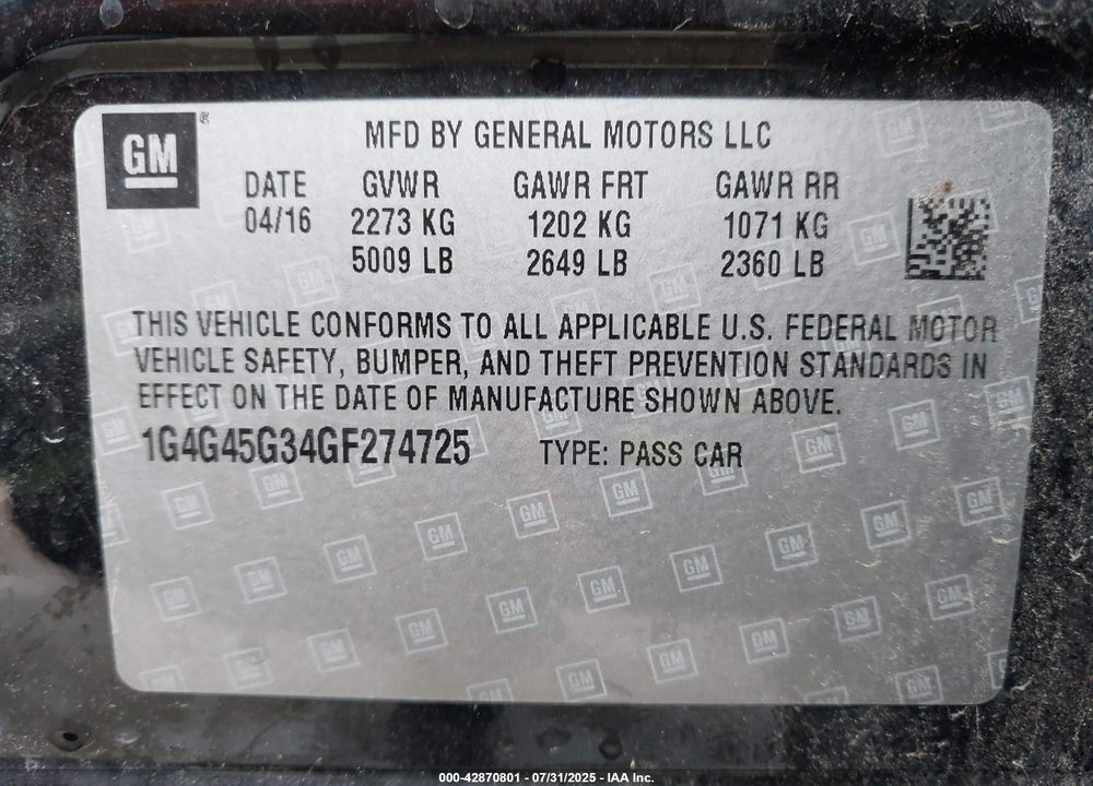 2016 BUICK LACROSSE VIN: 1G4G45G34GF274725