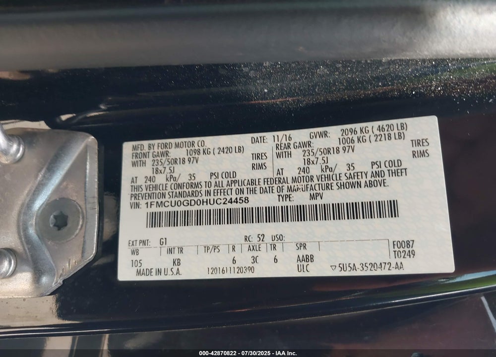 2017 FORD ESCAPE VIN: 1FMCU0GD0HUC24458