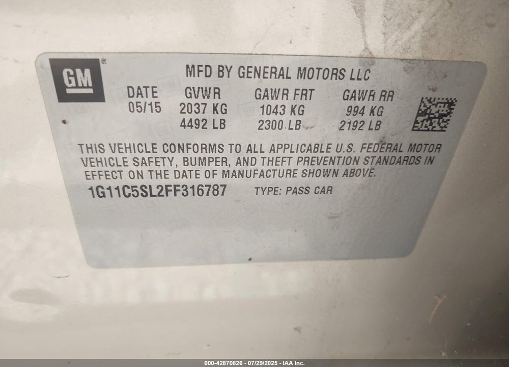 2015 CHEVROLET MALIBU VIN: 1G11C5SL2FF316787