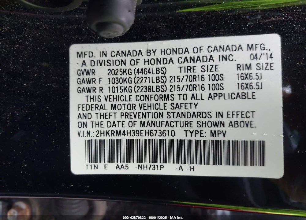2014 HONDA CR-V VIN: 2HKRM4H39EH673610