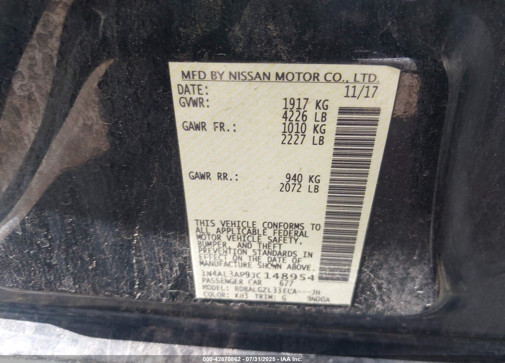 2018 NISSAN ALTIMA 2.5 S VIN: 1N4AL3AP9JC148954