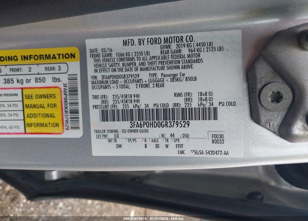 2016 FORD FUSION VIN: 3FA6P0HD0GR379529
