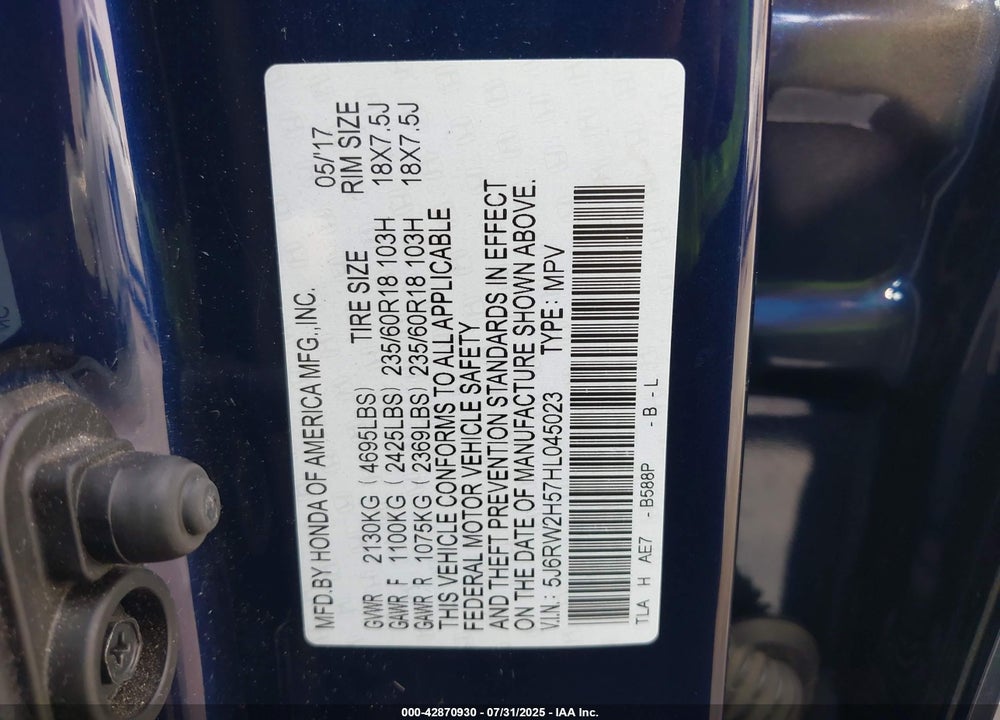 2017 HONDA CR-V VIN: 5J6RW2H57HL045023