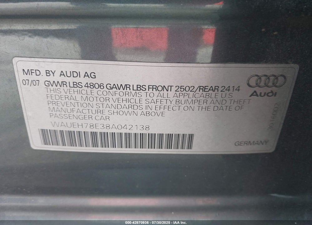 2008 AUDI A4 VIN: WAUEH78E38A042138
