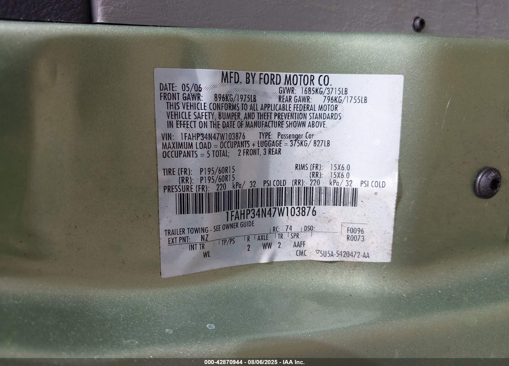 2007 FORD FOCUS S/SE/SES VIN: 1FAHP34N47W103876