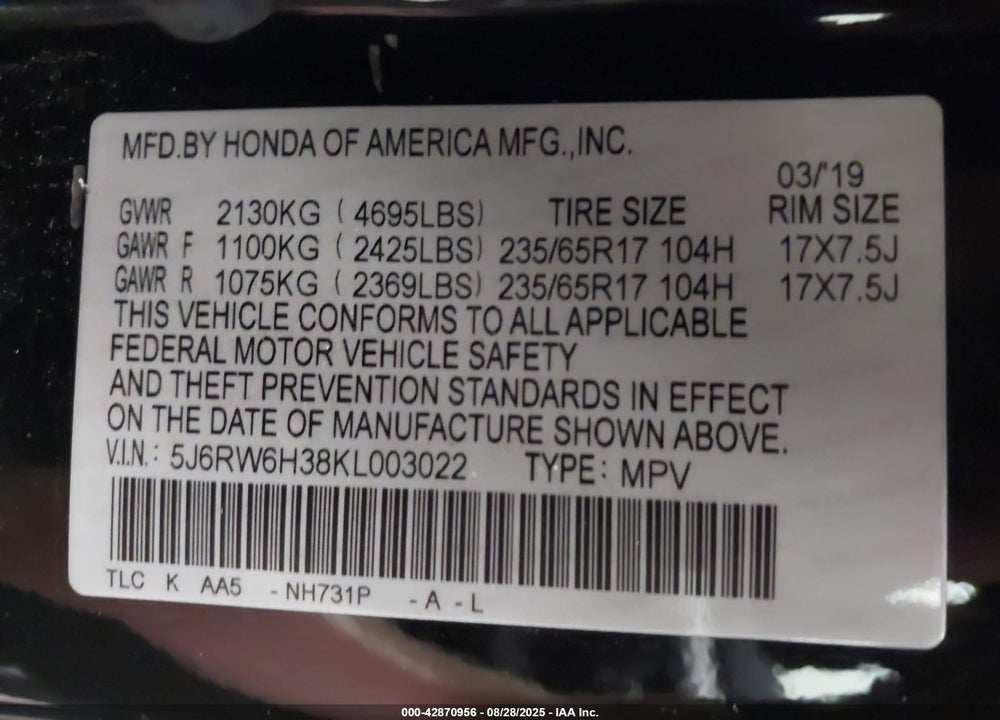2019 HONDA CR-V VIN: 5J6RW6H38KL003022