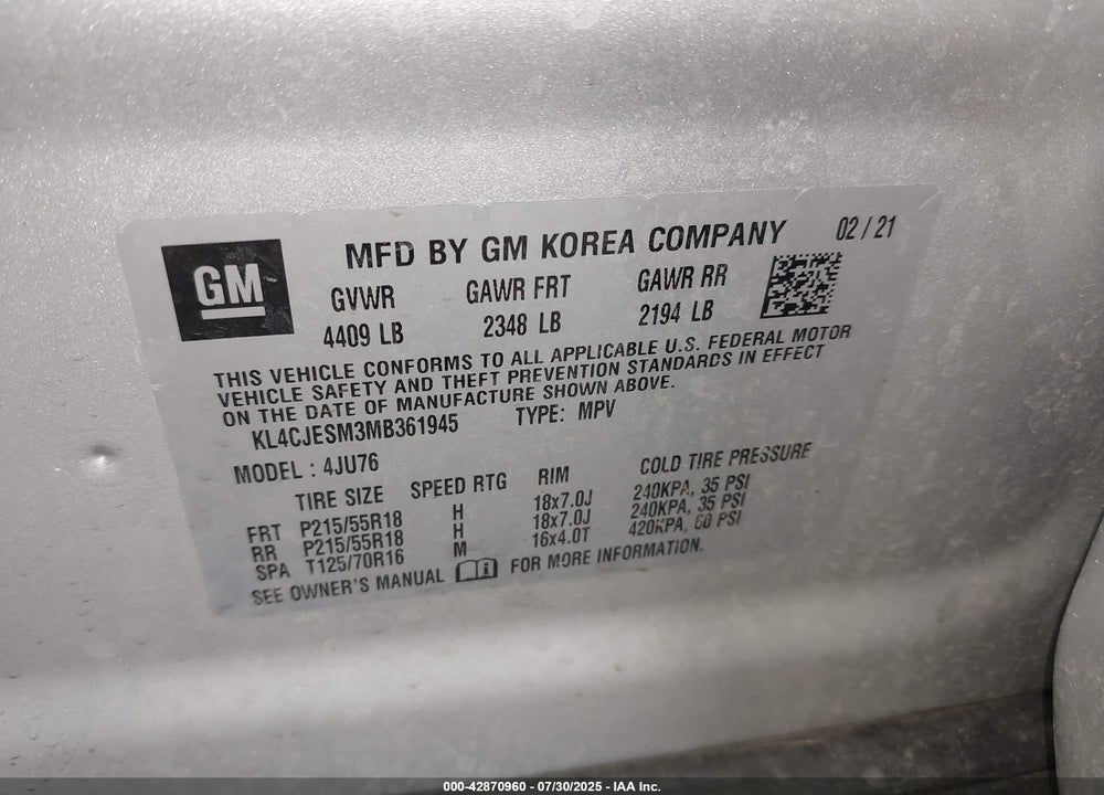 2021 BUICK ENCORE VIN: KL4CJESM3MB361945