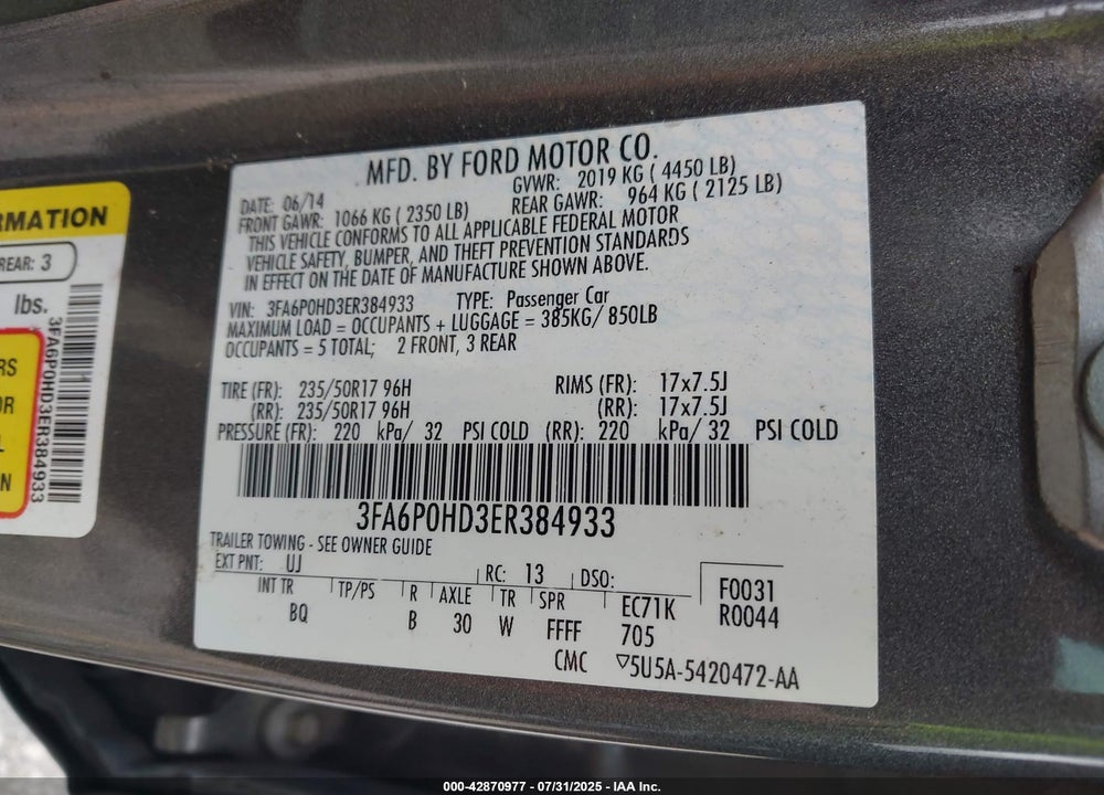2014 FORD FUSION SE VIN: 3FA6P0HD3ER384933