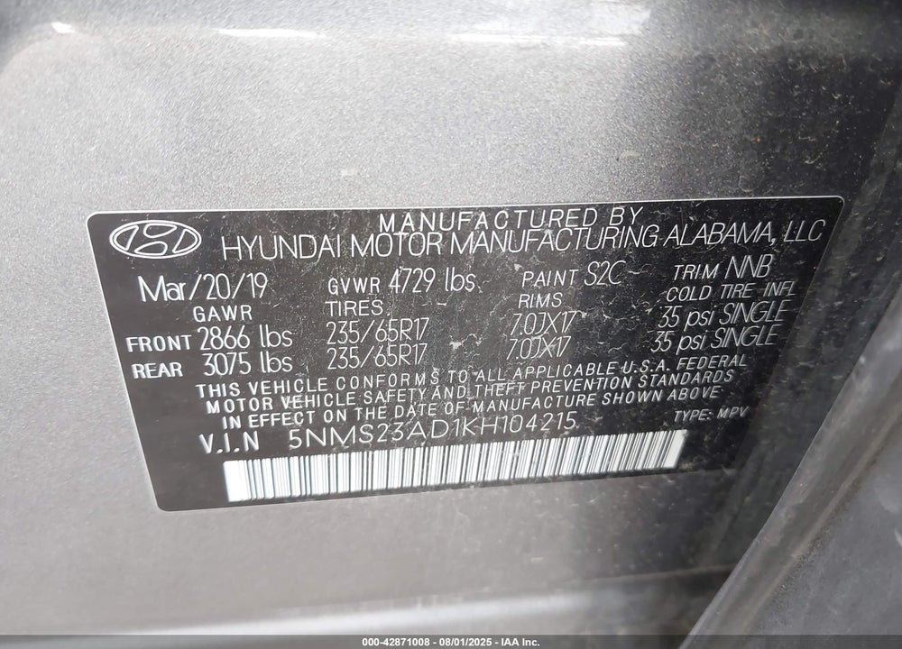 2019 HYUNDAI SANTA FE SE VIN: 5NMS23AD1KH104215