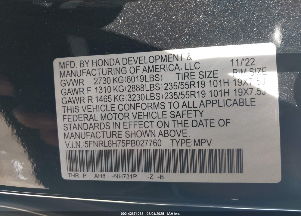 2023 HONDA ODYSSEY SPORT VIN: 5FNRL6H75PB027760