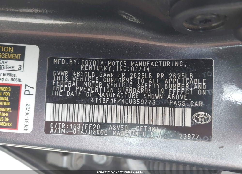 2014 TOYOTA CAMRY VIN: 4T1BF1FK4EU359773