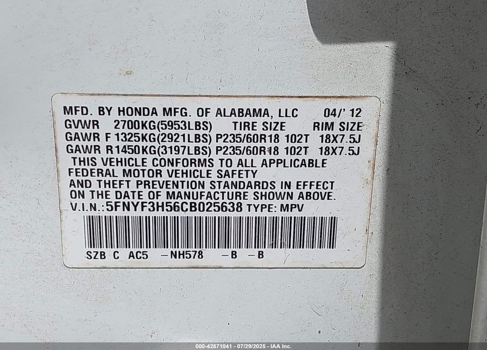 2012 HONDA PILOT VIN: 5FNYF3H56CB025638