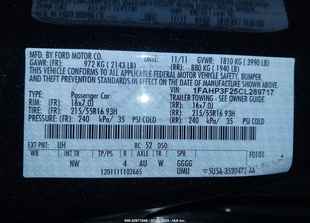2012 FORD FOCUS VIN: 1FAHP3F25CL289717