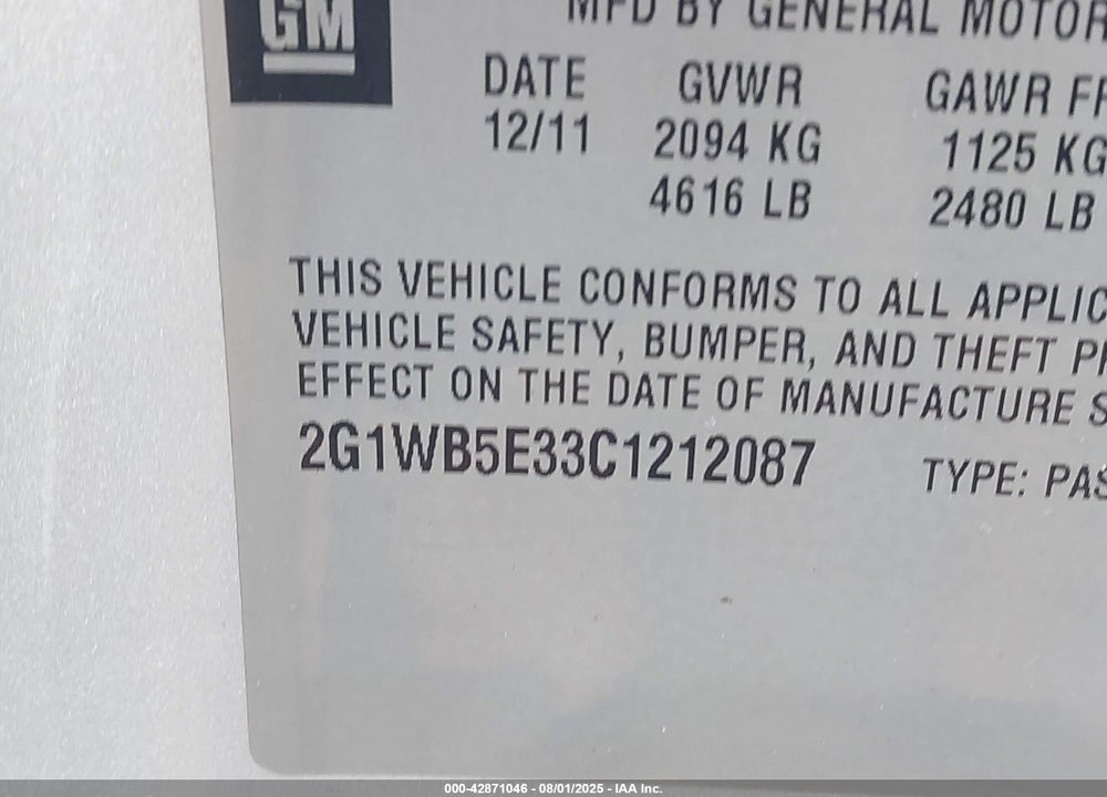 2012 CHEVROLET IMPALA VIN: 2G1WB5E33C1212087