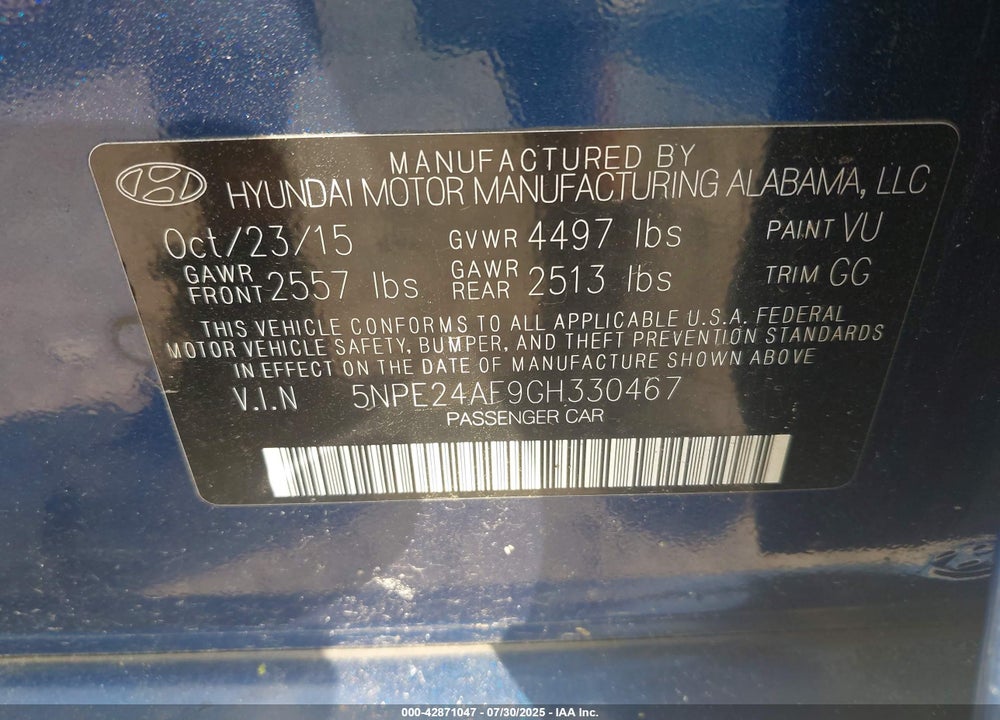2016 HYUNDAI SONATA VIN: 5NPE24AF9GH330467