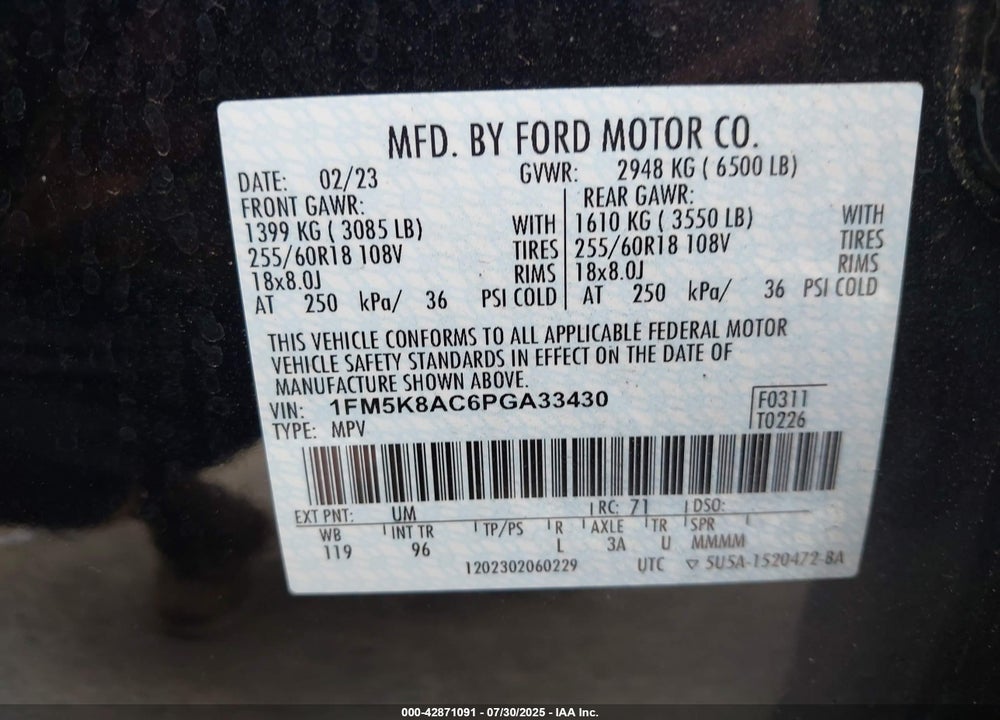2023 FORD POLICE INTERCEPTOR UTILITY VIN: 1FM5K8AC6PGA33430