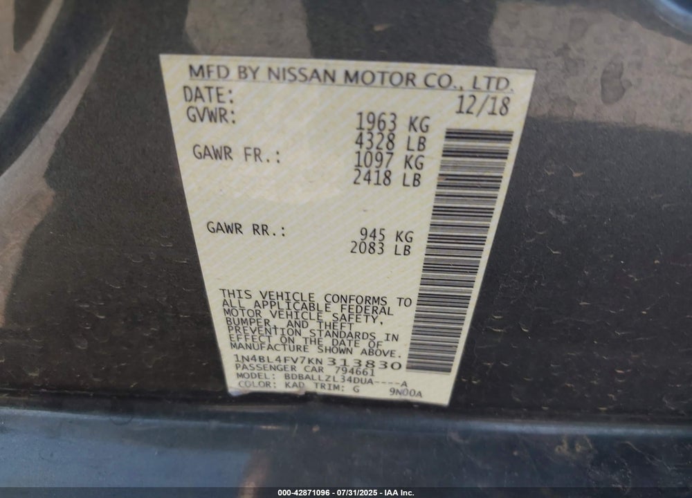 2019 NISSAN ALTIMA VIN: 1N4BL4FV7KN313830