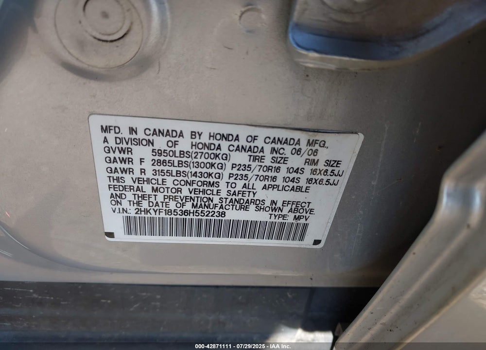 2006 HONDA PILOT VIN: 2HKYF18536H552238