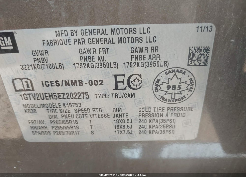 2014 GMC SIERRA 1500 SLE VIN: 1GTV2UEH5EZ202275