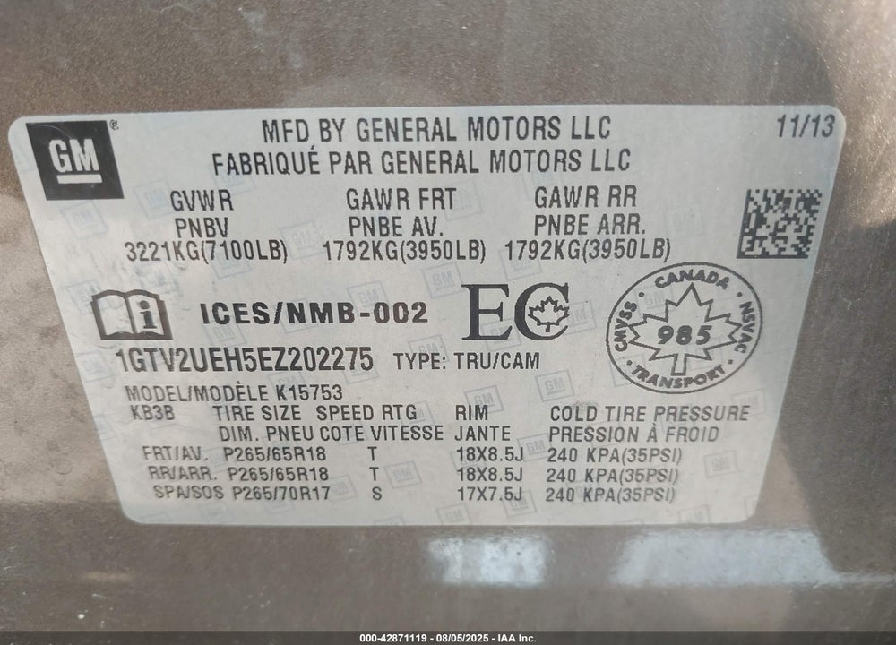2014 GMC SIERRA 1500 SLE VIN: 1GTV2UEH5EZ202275