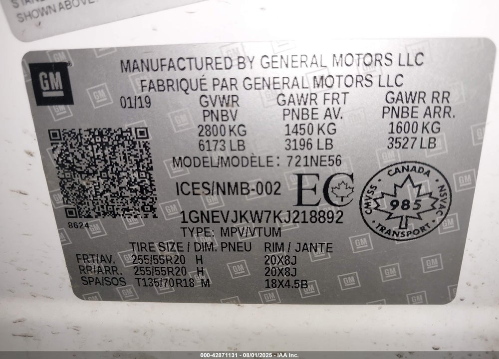 2019 CHEVROLET TRAVERSE VIN: 1GNEVJKW7KJ218892