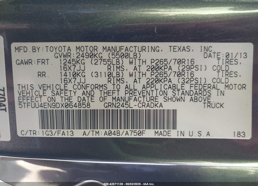 2013 TOYOTA TACOMA VIN: 5TFUU4EN9DX064858