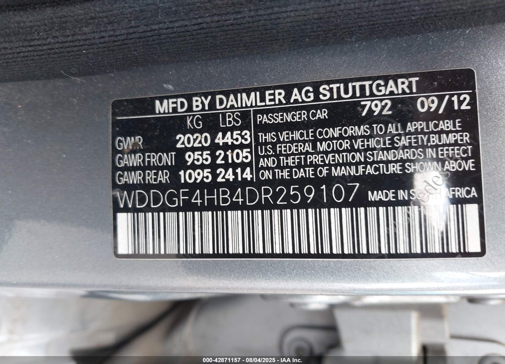 2013 MERCEDES-BENZ C CLASS VIN: WDDGF4HB4DR259107