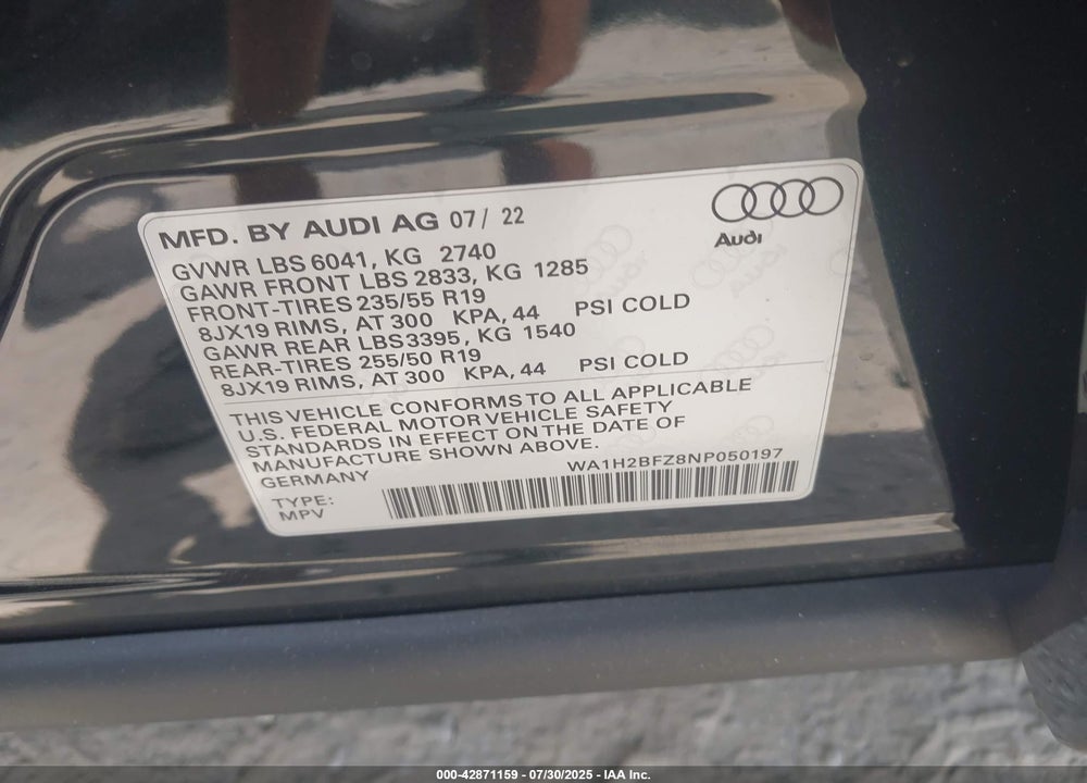 2022 AUDI Q4 E-TRON VIN: WA1H2BFZ8NP050197