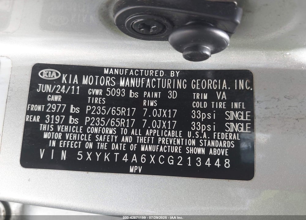 2012 KIA SORENTO VIN: 5XYKT4A6XCG213448