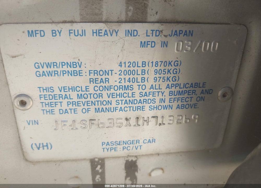 2001 SUBARU FORESTER L VIN: JF1SF635X1H713269