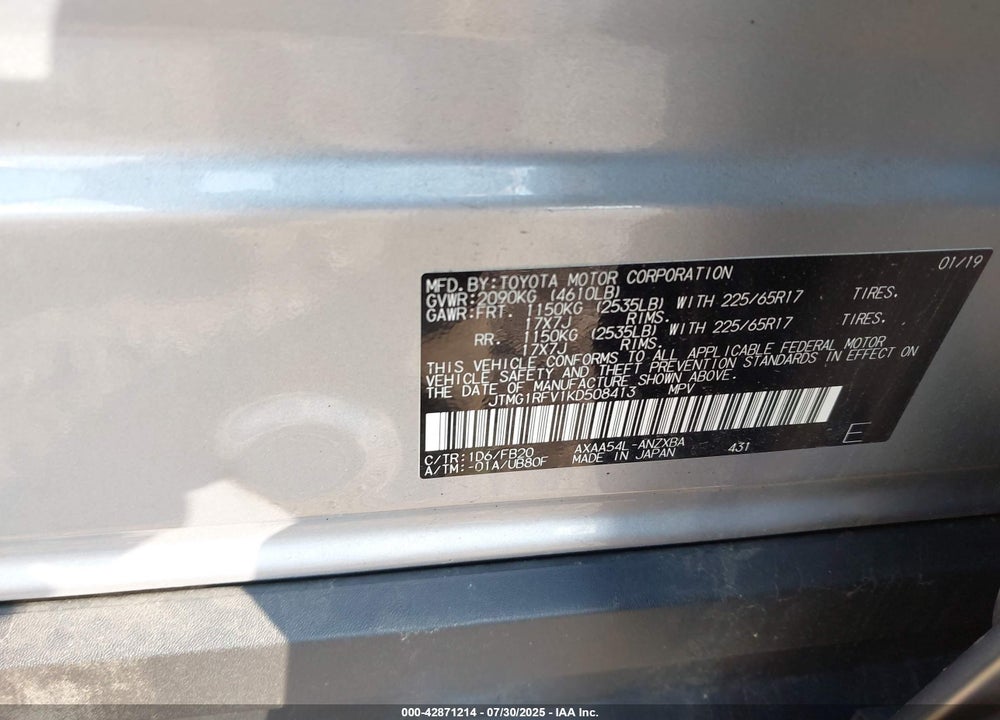2019 TOYOTA RAV4 VIN: JTMG1RFV1KD508413