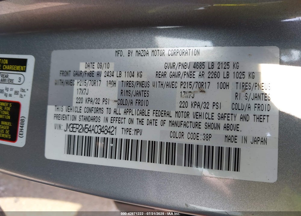 2010 MAZDA CX-7 VIN: JM3ER2W54A0348421
