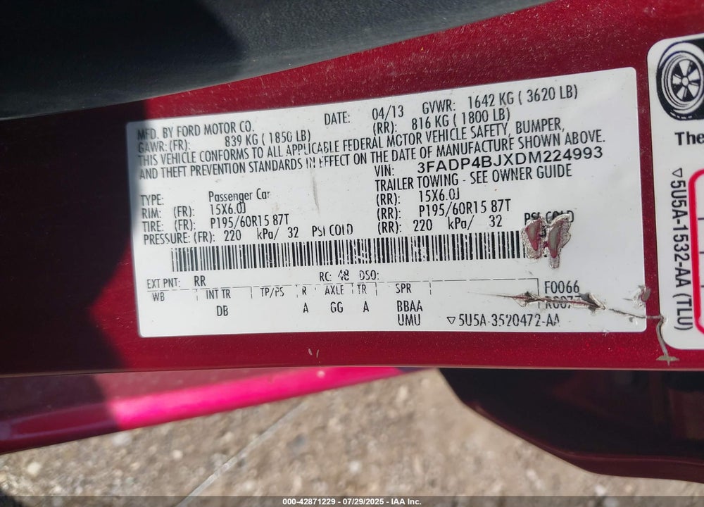 2013 FORD FIESTA VIN: 3FADP4BJXDM224993