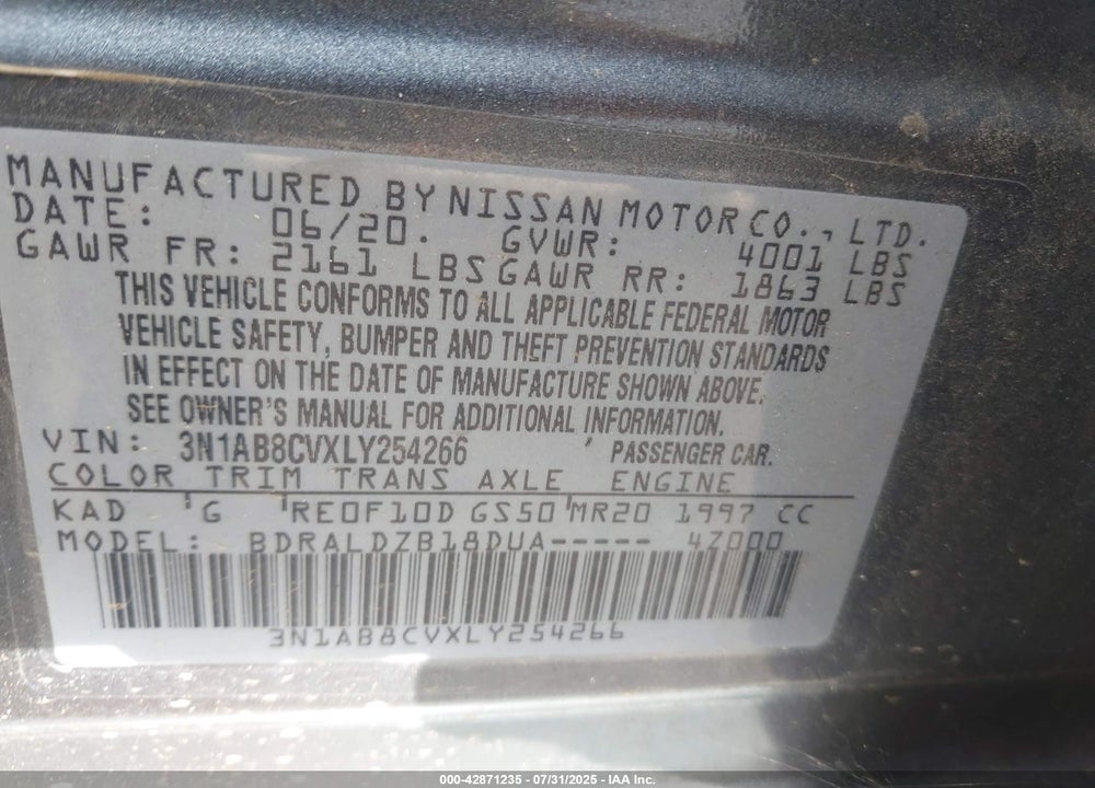 2020 NISSAN SENTRA SV XTRONIC CVT VIN: 3N1AB8CVXLY254266