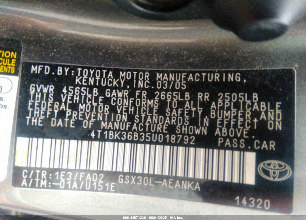 2005 TOYOTA AVALON XL VIN: 4T1BK36B35U018792