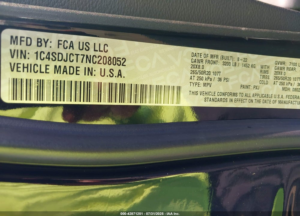 2022 DODGE DURANGO VIN: 1C4SDJCT7NC208052