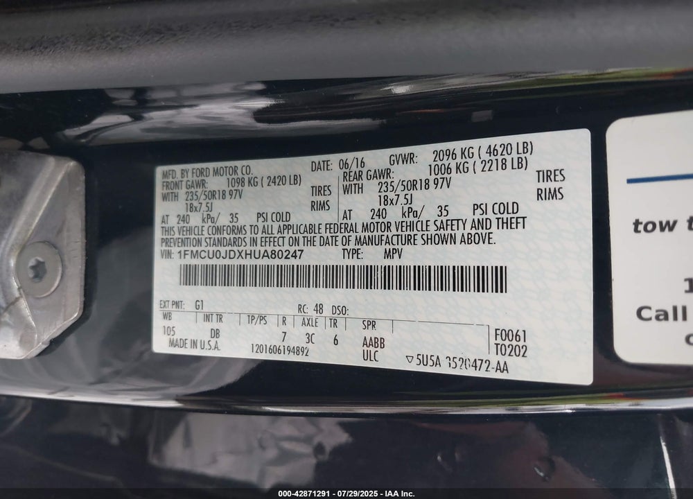 2017 FORD ESCAPE TITANIUM VIN: 1FMCU0JDXHUA80247