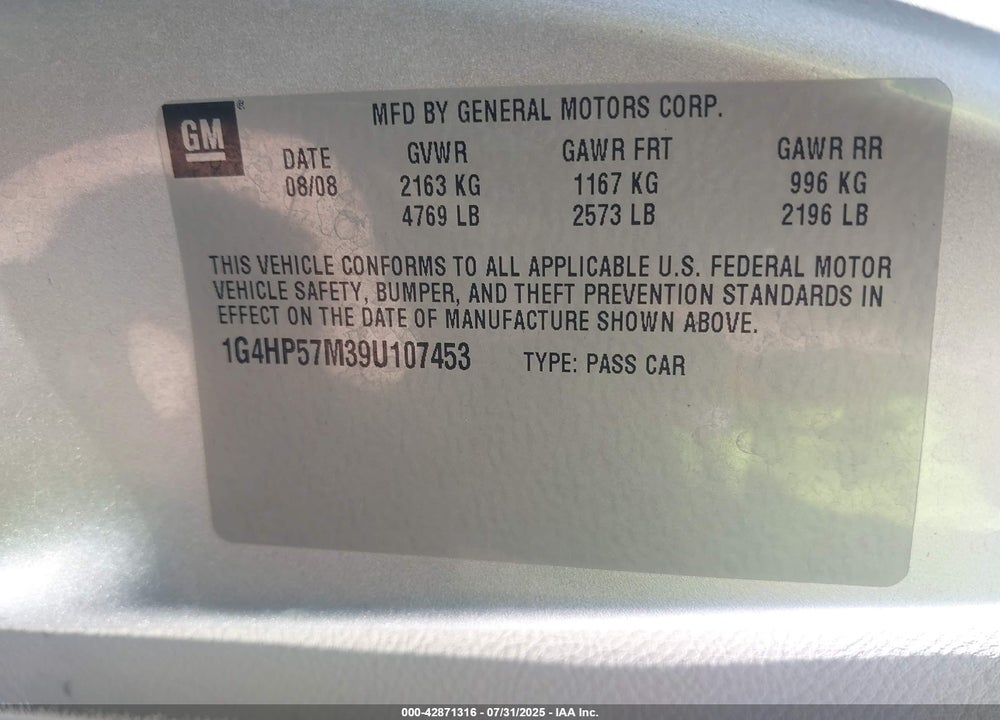 2009 BUICK LUCERNE VIN: 1G4HP57M39U107453