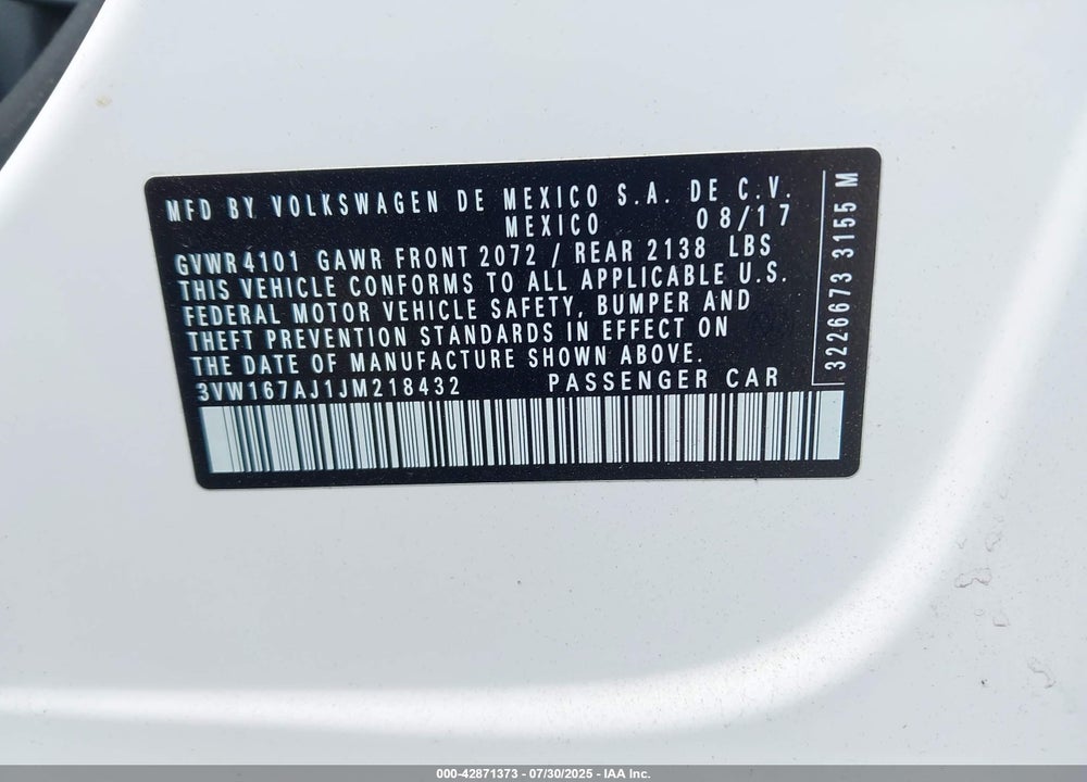 2018 VOLKSWAGEN JETTA VIN: 3VW167AJ1JM218432