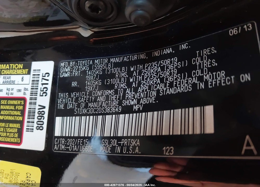 2013 TOYOTA SIENNA SE 8 PASSENGER VIN: 5TDXK3DC2DS383649
