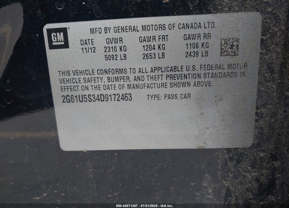 2013 CADILLAC XTS VIN: 2G61U5S34D9172463