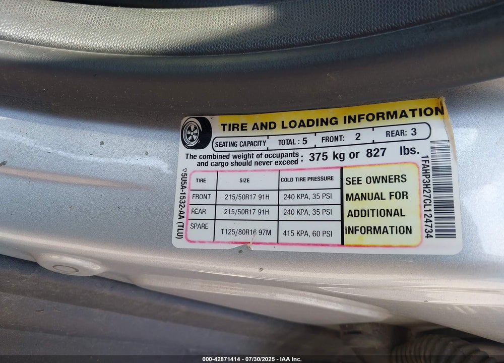 2012 FORD FOCUS VIN: 1FAHP3H27CL124734