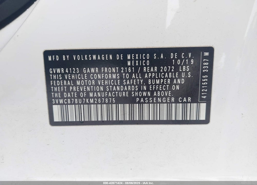 2019 VOLKSWAGEN JETTA 1.4T R-LINE/1.4T S/1.4T SE VIN: 3VWCB7BU7KM267875