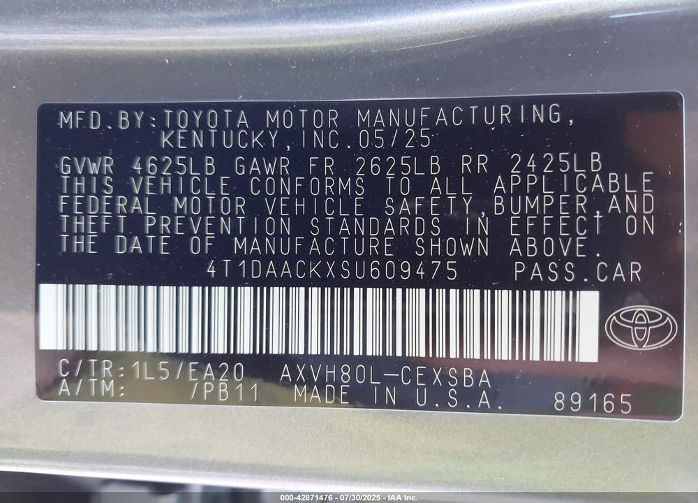 2025 TOYOTA CAMRY VIN: 4T1DAACKXSU609475