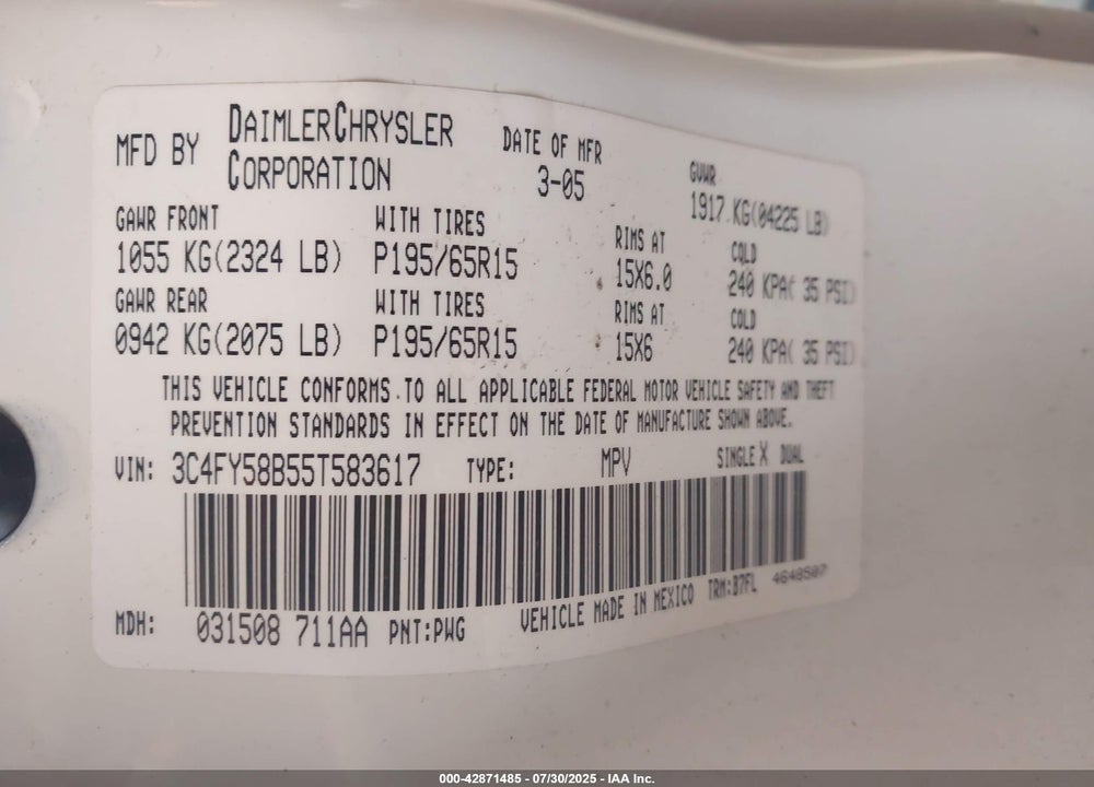 2005 CHRYSLER PT CRUISER VIN: 3C4FY58B55T583617