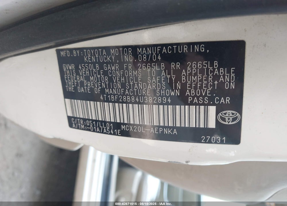 2004 TOYOTA AVALON XL VIN: 4T1BF28B84U382894