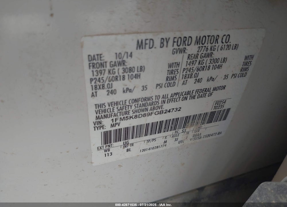 2015 FORD EXPLORER VIN: 1FM5K8D89FGB24732